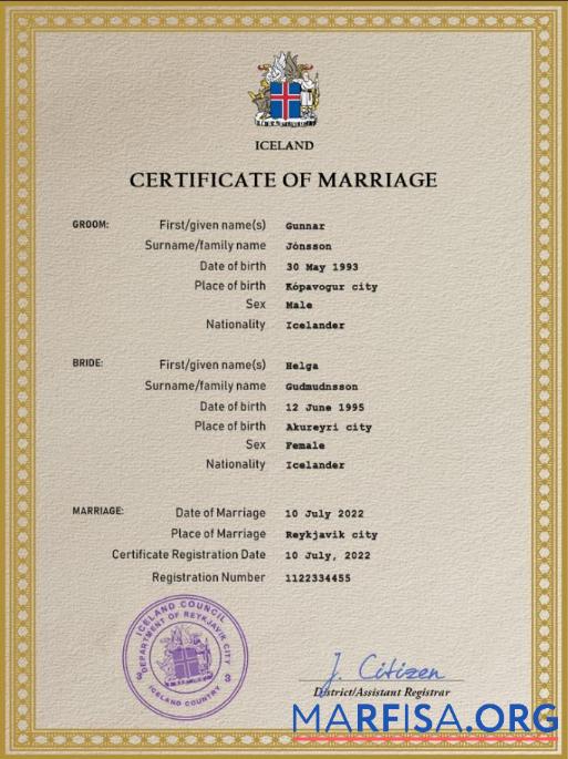 Blank Iceland marriage certificate PSD template